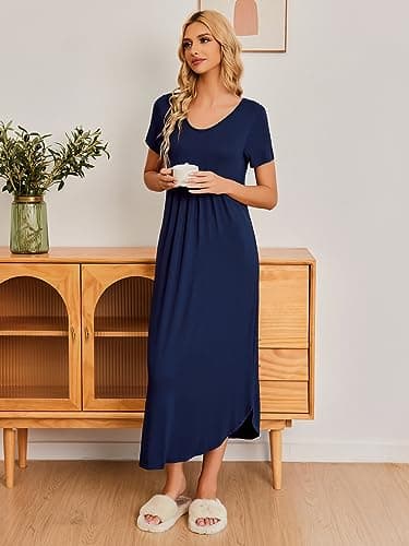 Ekouaer Long Nightgowns for Women Soft House Dress Pleated Front Nightshirt Full Length Loungwear Navy Blue XXXL - Image 2
