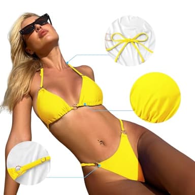 MIKETAI Sexy Bikinis for Women 2 Piece Bikini Spaghetti Strap Swimsuits Solid Color Bathing Swimwear Triangle Bathing Suit (US, Alpha, Small, Regular, Regular, Yellow) - Image 5
