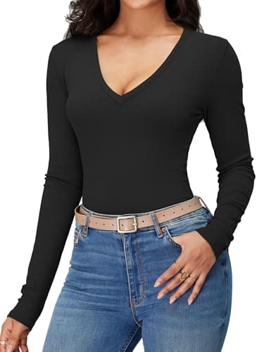 iGENJUN Women Long Sleeve V Neck Shirts for Women Business Casual Work Top Knit Slim Fit for Fall,Black,M - Image 2