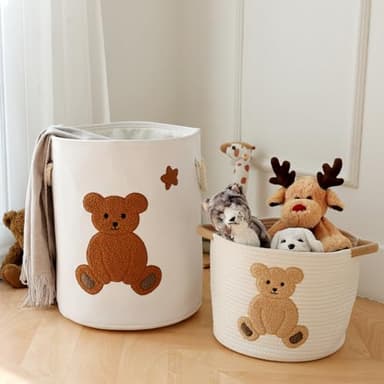 INough Cotton Rope Basket Toy Storage Baskets for kids Laundry Hamper, Gift Basket Empty Baby Shower Baskets with Handles, Cute Bins Blanket Stuffed Animal Storage for Nursery, Living Room Decor, Bear - Image 8