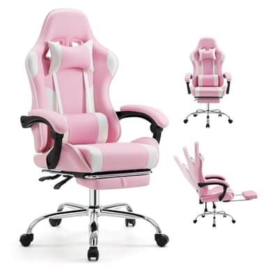 DUMOS Ergonomic Gaming Office Desk Chair with Footrest and Headrest for Adults, PU Leather Video Computer Chair with Linkage Armrests, Height Adjustable 360° Swivel Recling Chair, White Pink - Image 1