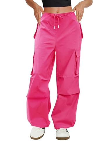 COPYLEAF Cargo Pants Women Low Waisted Parachute Pants with Pockets Loose Baggy Hiking Pants Y2K Clothes Hot Pink - Image 1