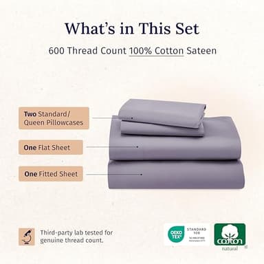 CALIFORNIA DESIGN DEN 5-Star Hotel 600 Thread Count 100% Cotton Sheets Set - Soft & Smooth Queen Sheet Set with Deep Pockets, Quality Beats Egyptian Cotton Claims (Lavender) - Image 3