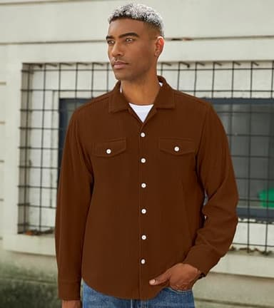 hawalili Mens Corduroy Jacket Shirts Long Sleeve Button Down Shacket Jacket with Flap Pockets Brown X-Large - Image 2