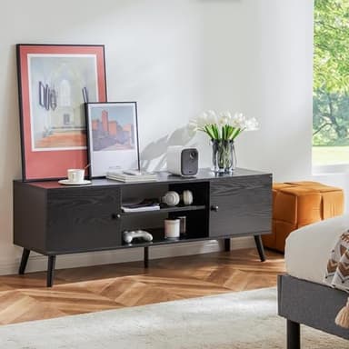 Sweetcrispy TV Stand for 55 60 inch TV, Modern Mid Century Entertainment Center with Storage, Media Console Table 2 Cabinet, Soft Hinge, Handle Door, Wooden Living Room, Office Furniture, Pure Black - Image 2