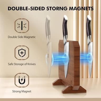 HOSHANHO Magnetic Knife Block, Thickened Acacia Wood Kitchen Knife Holder Stand with Strong Magnets, Multifunctional Double Side Knife Storage Organizer for Kitchen Counter - Image 2