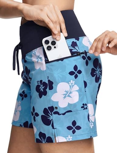ISEEGZ Women's 5"/9" High Waisted Swim Board Shorts Quick Dry UPF 50+ Womens Swim Trunk Bottoms with Liner Zipper Pockets Blue Floral - Image 1