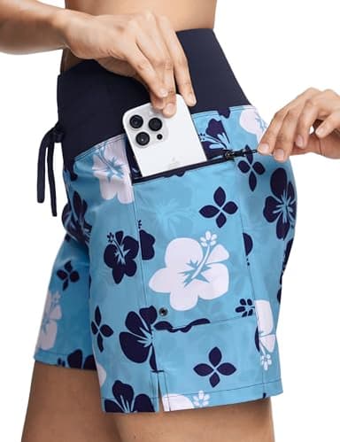 ISEEGZ Women's 5"/9" High Waisted Swim Board Shorts Quick Dry UPF 50+ Womens Swim Trunk Bottoms with Liner Zipper Pockets Blue Floral - Image 1