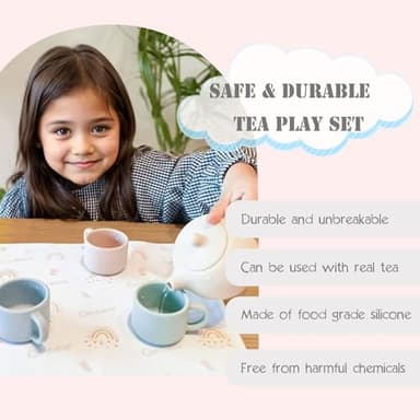Ginbear Silicone Play Kitchen Tea Set with Washable Cloth Napkin for Toddlers & Kids 1-3, Non-Toxic Unbreakable Baby Bath Toys for Children 12 Months+ (Beige, Blue, Green, Rosy) - Image 3