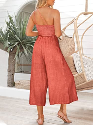 ANRABESS Women's Summer Straps One Shoulder High Waist Dressy Casual Wide Leg Linen Jumpsuit Romper Beach Travel Outfits Peach Medium - Image 6