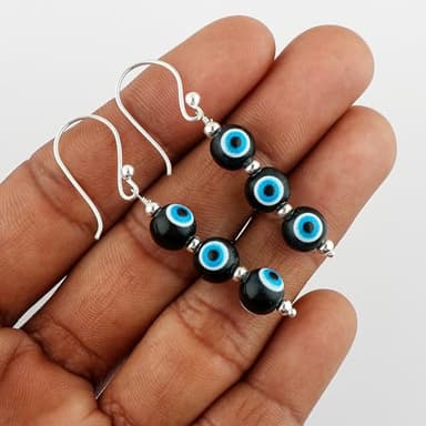 CRYSTALINES Black Evil Eye Crystal Earrings, Triple Ball Beads, Beaded Dangling Earrings, Handmade, Healing Crystals, Silver Plated, Gemstone Jewelry, Protection,Gifts for Women - Image 5