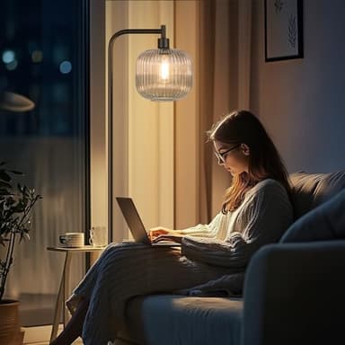 QiMH Glass Floor Lamp for Living Room, Modern Standing Lamp with Ribbed Grey Glass Lampshade Pedal Switch, 67” Tall Lamp for Bedroom Study Room, Black (2700K LED Bulb Included) - Image 7