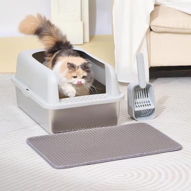 Henkelion Stainless Steel Cat Litter Box with Lid, 20" L x 14.2" W x 11.8" H, Extra Large Litter Box for Big Cats with High Sided, Anti-Urine Leakage, Easy Cleaning, Include Cat Mat and Scoop - Image 2