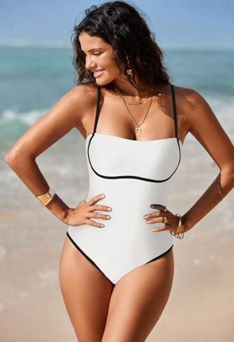 Pink Queen Womens Sexy One Piece Swim Suit Square Neck Bathing Suit Tummy Control Swimsuit White M - Image 3