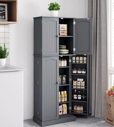 Yusong 64'' Kitchen Storage Cabinet, Tall Kitchen Pantry Storage Cabinet with Doors and Shelves, Food Pantry Cabinet Free Standing Pantry for Kitchen Dining Living Room, Grey - Image 4