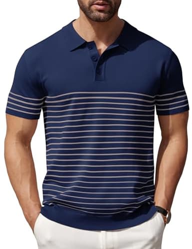 COOFANDY Men's Knitted Polo Shirts Short Sleeve Casual Golf Shirts Vintage Striped Shirts, Navy Blue, Medium - Image 1