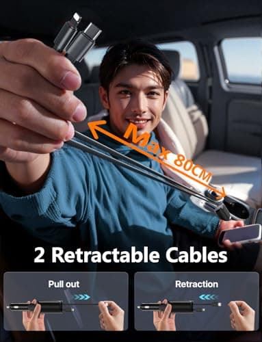 Starlight Retractable Car Charger with Retractable Cables, Starlight in Car Roof 4 in 1 Super Fast USB C Car Phone Charger, 2 USB Ports Starry Sky Adapter, Compatible with iPhone 17 16 15 14 13 12 - Image 2