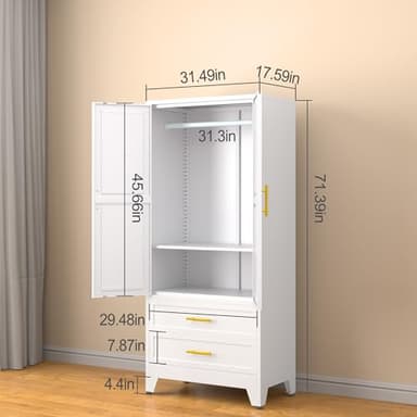 erosoei Metal Armoire Wardrobe Closet, 71 "Metal Clothing Storage Cabinet with Adjustable Shelves and Hanging Rod, Household Steel Wardrobe Storage Cabinet with Drawers (armoire-White) - Image 2