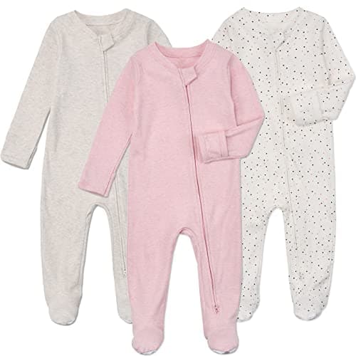 Aablexema Baby Footie Pajamas with Mittens - 3Pcs Infant Footed Sleeper Cotton Sleepwear Outfits(Grey Khaki/Dot/Pink, 0-3M) - Image 1