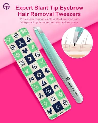 Expert Slant Tip Tweezers with Leather Case, GlamTweeler Sharp & Precision Stainless Steel Tweezer for Eyebrows, Facial Hair and Fine Hairs Removal (Sparkle Mint Green & Silver) - Image 2