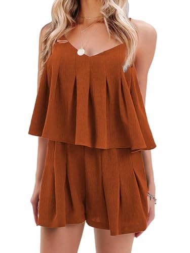 EXLURA Womens Summer Romper Dress 2025 V Neck Spaghetti Strap Pleated Shorts Jumpsuit Beach Vacation Outfits with Pockets - Image 1