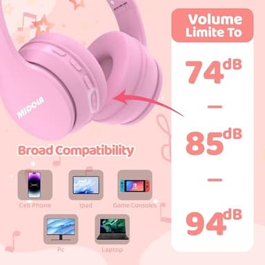 MIDOLA Kids Headphones Bluetooth 5.4 Wireless 68H Play Time Volume Limit 85/94dB Over-Ear Foldable Headset,Type-C Fast Charging,with Wired Aux Mic for Toddler Child Pad Tablet Pink - Image 7