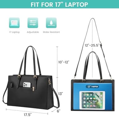 LOVEVOOK 17.3-inch Laptop Bag for Women, Large Capacity Travel Tote Bag with Clutch Purse 2PCs Set, Professional Business Computer Work Bag, Leather Shoulder Briefcase for Office Lady, Black - Image 3