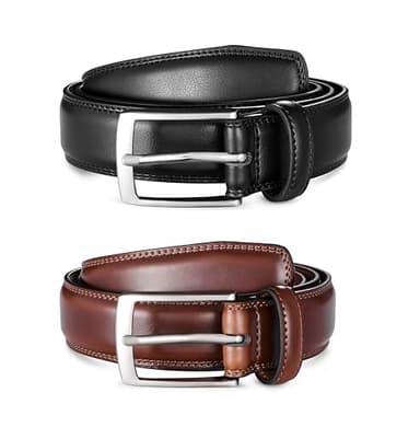 MILORDE Men's Leather Dress Belt 2Pack, Handmade, 100% Cow Leather, Fashion & Classic Designs for Work Business and Casual (2pack-Black101/Brown103,36) - Image 2