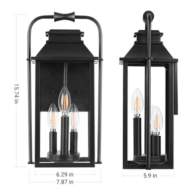 [Upgraded]PARTPHONER Outdoor & Indoor Light Fixture, 3-Lights Front Porch Light Fixtures with E12 Sockets & Glass Shade Anti-Rust Waterproof Black Wall Mount Lantern Sconce for House Gate Garage Patio - Image 4