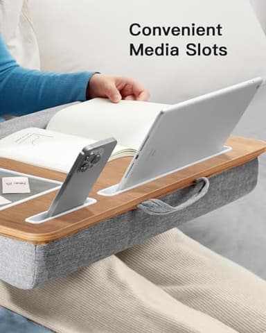 HUANUO Lap Desk - Fits up to 17 inches Laptop Desk, Built in Mouse Pad & Wrist Pad for Notebook, Laptop, Tablet, Lap Stand with Tablet, Pen & Phone Holder (Wood Grain) - Image 8