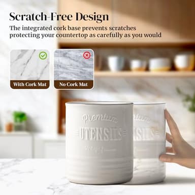 DOWAN 7.2″ Extra Large Kitchen Utensil Holder, Farmhouse Utensil Holder for Countertop, Ceramic Utensil Crock with Protection Cork Mat, Utensil Organizer for Kitchen Decor & Housewarming Gift, White - Image 3