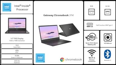 acer Gateway Chromebook 314 CBO314-1H-C476 Laptop | Intel Celeron N4500 | 14" Full HD (1920 x 1080) Display | 4GB LPDDR4X | 64GB eMMC | Wi-Fi 5 802.11ac | Chrome OS | Star Black - Image 6
