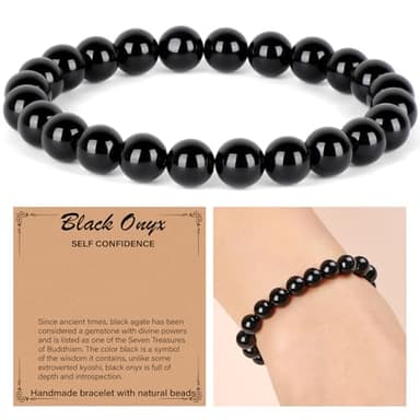 QOGIR Black Onyx Bracelet - Protecting Bracelet for Women Men - Handmade Natural Gem Stone Beaded Stretch Elastic Healing Bracelets 8mm - Image 2