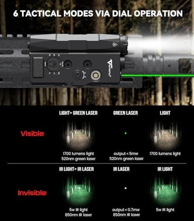 VOTATU V848 Laser Light Combo, Green/IR Laser & 1700LM Flashlight/IR Illuminator Combo, Multi-Mode Display Screen Weapon Light Laser for Rifle and Shotgun Compatible with Mlok Picatinny Rail - Image 2