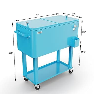 VINGLI 80 Quart Rolling Ice Chest, Portable Patio Party Bar Drink Cooler Cart, with Shelf, Beverage Pool with Bottle Opener (Light Blue) - Image 7