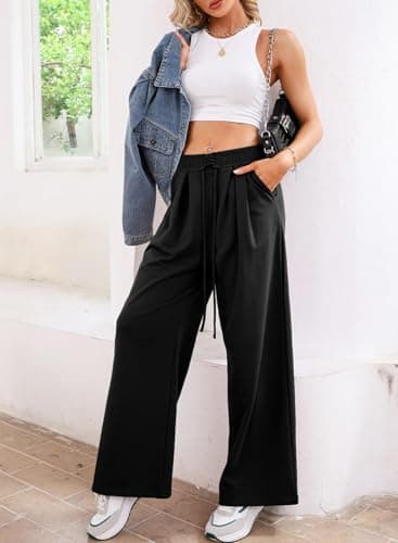 Aleumdr Womens Wide Leg Joggers 2025 Fall Trendy Baggy Pants Y2K Elastic Waist Jogger Sweatpants Track Pants Black Large - Image 7