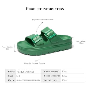 FUNKYMONKEY EVA Slides for Women Thick-sole Adjustable Double Buckle Waterproof Platform Sandals (7 M US, Green/HDSPK) - Image 6