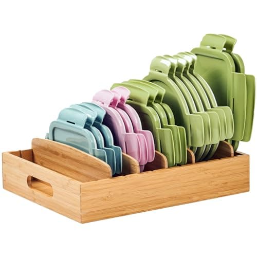 Umilife Kitchen Cabinet Organizer for Food Storage Container Lids, with Adjustable Dividers, Bamboo Drawer Caddy, Box for Kitchen Storage And Organization - Image 1