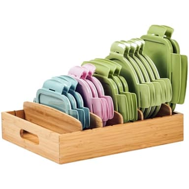 Umilife Kitchen Cabinet Organizer for Food Storage Container Lids, with Adjustable Dividers, Bamboo Drawer Caddy, Box for Kitchen Storage And Organization - Image 1