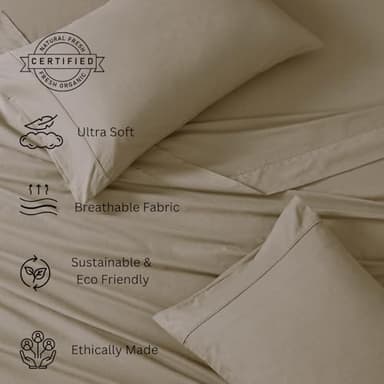 LANE LINEN 100% Organic Cotton RV Queen Sheet Sets, 4Pc Cotton Bed Sheets Short Queen Size, Percale Weave, Luxury Hotel Sheets RV Queen Size, Breathable RV Queen Sheets Deep Pocket Upto 15" - Taupe - Image 4