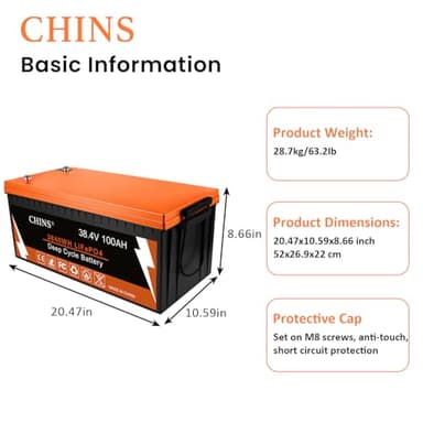 CHINS 36V Lithium Golf Cart Battery, 36 Volt 100Ah LiFePO4 Battery, Built-in Bluetooth 200A BMS, Includes 36V 25A Charger, Monitor, Perfect for Golf Carts - Image 2
