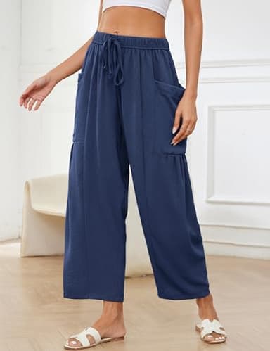 Flygo Women's Wide Leg Pants Summer Casual Loose Fit Beach Palazzo Harem Pants with Pockets(NavyBlue-XXL) - Image 3
