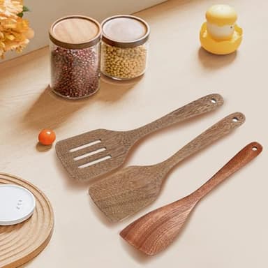 3 Pack Wooden Spatula for Cooking 12 Inches Paddle, Turner, Slotted Spatula, Cooking Utensils for Nonstick Cookware, Kitchen for Fish, Eggs, Pancakes - Image 2