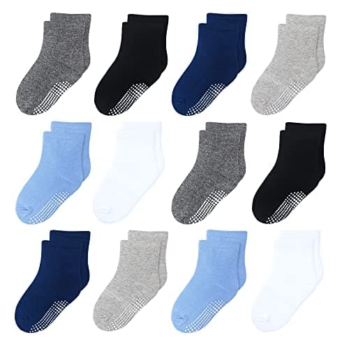 HYzgb Toddler Boys Socks 3T-4T-5T with Grippers Little Kids Non Slip Grips Crew Socks 12 Pairs Cotton for Boys 3-4-5 Years Old (Black/White/Gray/Skyblue) - Image 1