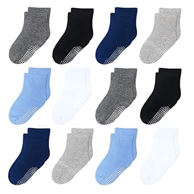 HYzgb Toddler Boys Socks 3T-4T-5T with Grippers Little Kids Non Slip Grips Crew Socks 12 Pairs Cotton for Boys 3-4-5 Years Old (Black/White/Gray/Skyblue) - Image 1