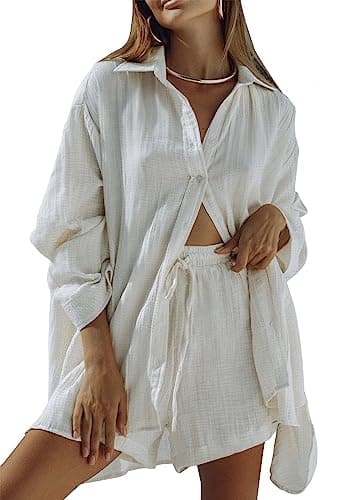 Fixmatti Two Piece Sets for Women Long Sleeve Button Down Shirt and High Waist Shorts Sweatsuit White XL - Image 1