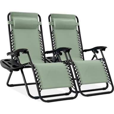 Best Choice Products Set of 2 Adjustable Steel Mesh Zero Gravity Lounge Chair Recliners w/Pillows and Cup Holder Trays - Sage Green - Image 1