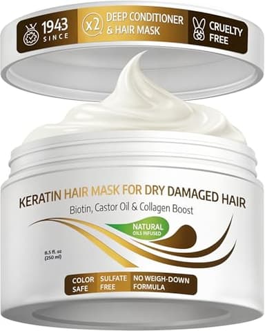 VITAMINS hair cosmetics Keratin Hair Mask - Protein Repair Keratin Treatment - Deep Conditioner for Dry, Damaged, Curly, Straight & Frizzy Hair with Biotin, Collagen & Castor Oil - 8.5 Fl Oz - Image 1