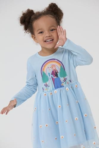 Disney Frozen Elsa Toddler Girl Dress Floral Tulle with Embroidery Long Sleeve Girl Clothes A Line Casual Double-Layer Fall Dresses Blue 5-6 Years - Image 3