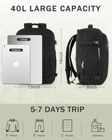Travel Backpack for Women Men, 40L Carry on Flight Approved Backpack, Personal Item Travel Bag with Multi-Pockets, Waterproof Travel Bag Fits 17 Inch Laptop, Gift for Weekender, College, Work, Black - Image 4